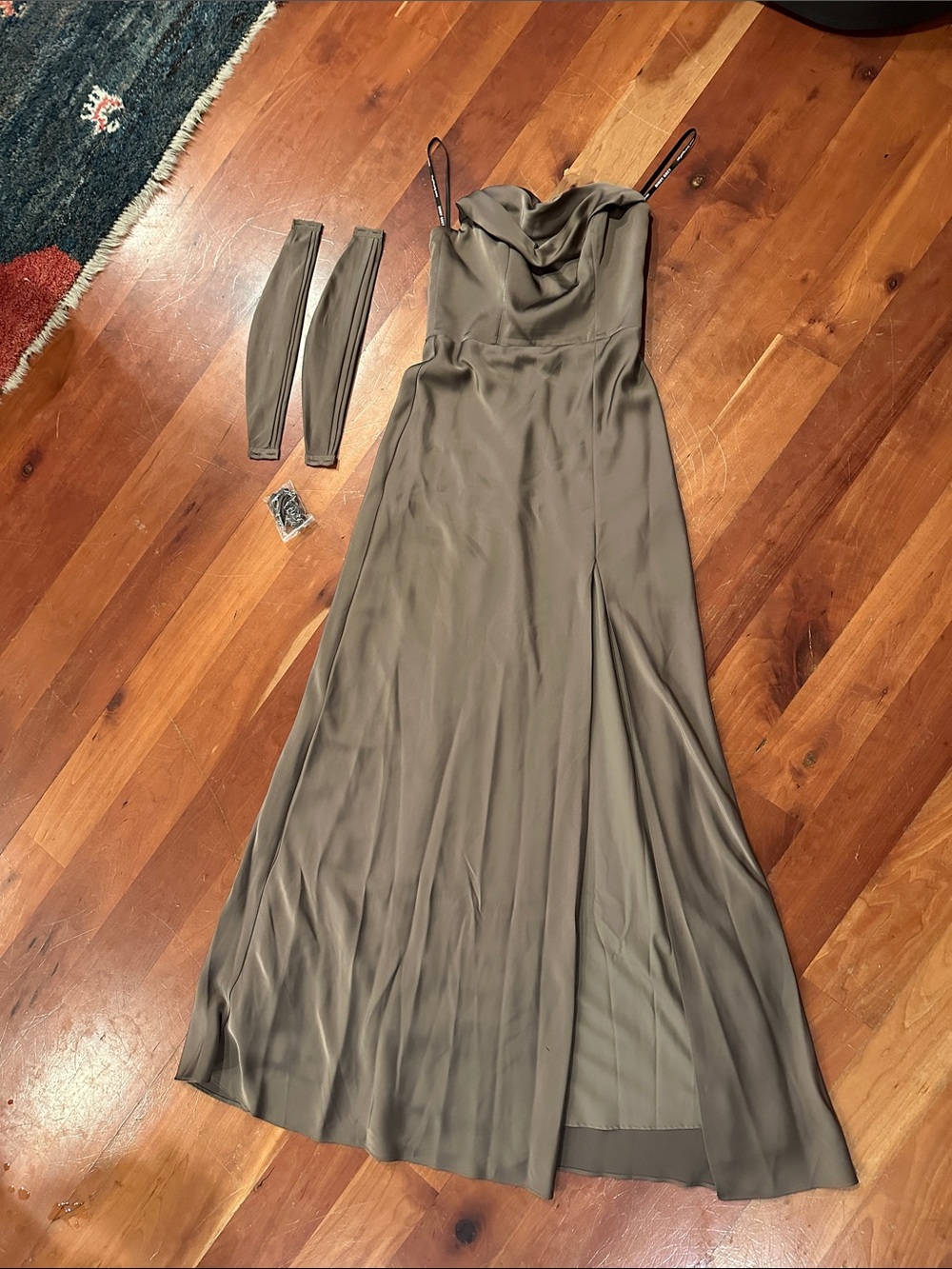 Birdy Grey Mocha Cowl Neck Spaghetti Strap Maxi Gown with detachable sleeve